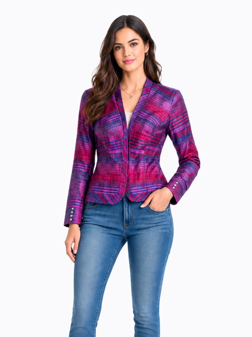 Silk Fuschia Plaid Zip Blazer Top PM Preppy Office Siren Classiccore Old Money